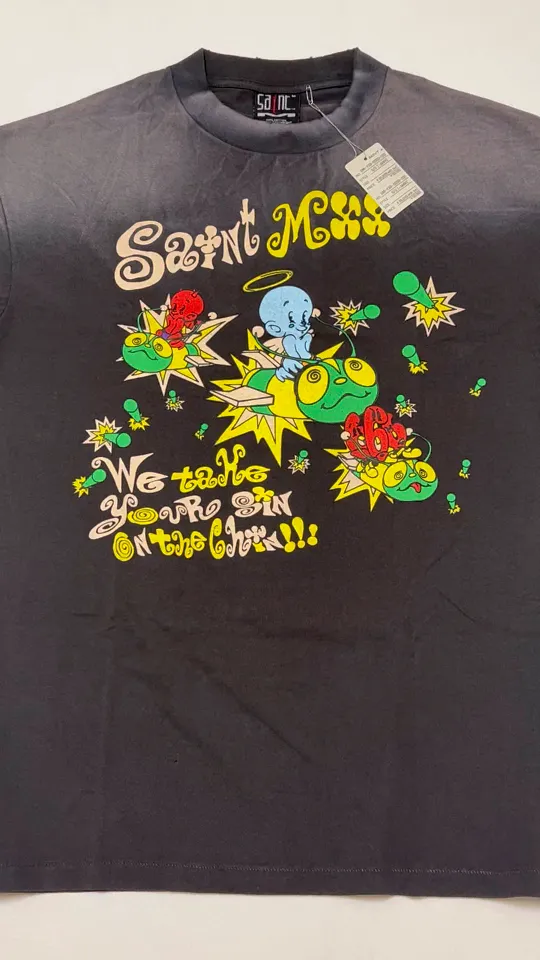 SAINT Mxxxxxx SS TEE/SAINT MX6/BLK Little devil bee distressed TEE, washed black S-XL OE yarn tube fabric, no side seams, Assute garment dyeing, heavy washing, water fading, old hole treatment, correct version, original consistent main mark/wash mark/cherub mark, original consistent printing restoration, distressed treatment, top purchasing agent level